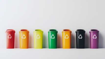Colorful Recycling Bins in Various Shades Displayed Against a White Wall, Promoting Eco-Friendly Waste Management and Sustainability Practices for a Cleaner Environment