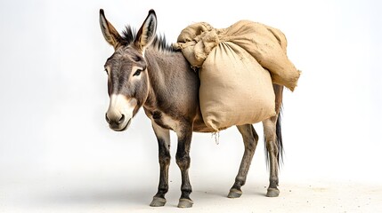 Obraz premium A sturdy donkey carrying a heavy load stands gracefully, embodying resilience and determination against a soft background.