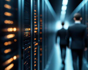 Data science team analyzing AI technology in server room environment, showcasing innovation and teamwork