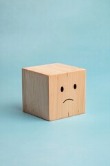 Wooden cube with a sad face on a blue background, a positive-negative space concept