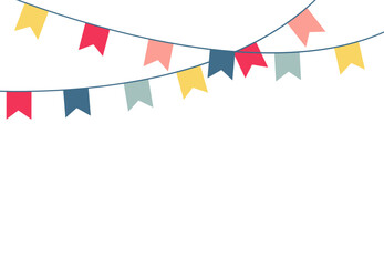 Hanging festive colorful garland of paper flags on white wall background. Holiday decorations concept.