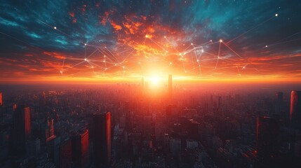 Fototapeta premium Sunrise over a city with network connections.