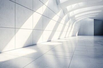 Obraz premium Modern minimalist hallway with sunlight streaming through arched windows.