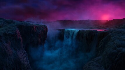 Fototapeta premium Surreal waterfall scene illuminated by vibrant pink and purple twilight sky, creating a mystical and captivating atmosphere.