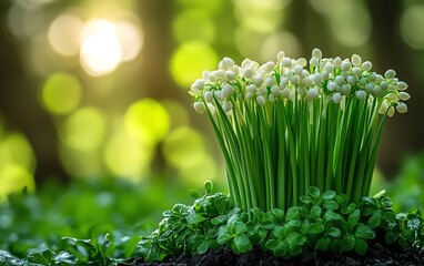 Spring renewal, young seedlings sprouting in a green forest, fresh life emerging, nature flourishing background