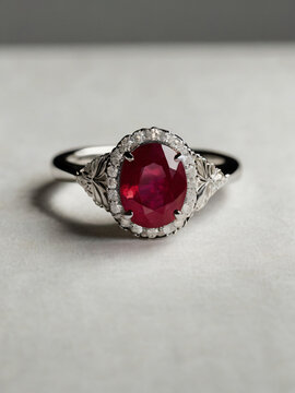 An elegant ruby engagement ring with a prominent solitaire, set on a slender gold band.