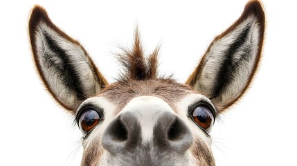 A close-up view of a donkey carrying load, showcasing its gentle eyes and distinct features, evoking a sense of hard work.