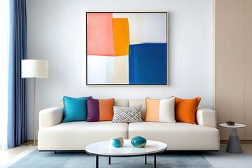 Colorful Pillows on Modern Sofa in Minimalist Living Room with Abstract Art Frame