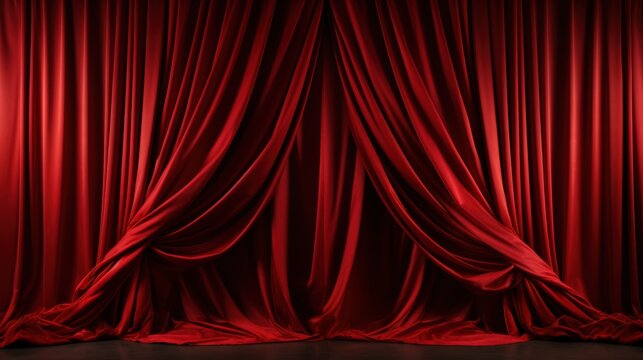 Red velvet stage curtains pulled back to reveal dark floor.
