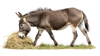 Obraz premium Donkey carrying load approaches a pile of hay, showcasing earthy tones and a serene farm mood, symbolizing hard work.