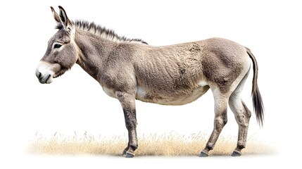 Obraz premium A sturdy donkey carries a load through dry grass, symbolizing strength and perseverance in a serene, golden landscape.