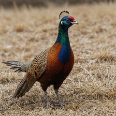 Fototapeta premium A single pheasant in a walking pose, its vivid plumage clearly visible against a white background.