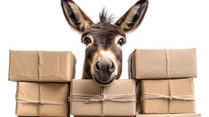 A cheerful donkey carrying a load of neatly stacked boxes, radiating a joyful spirit with warm, earthy tones.