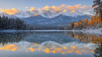 Obraz premium Sunrise over snowy mountains reflected in calm lake.