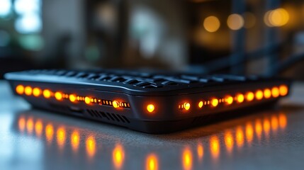 Modern router device with blinking LED lights on clean desk, symbolizing network security and connectivity, with copy space for text or design elements.