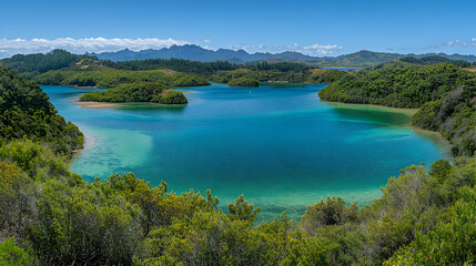 Serene Island Bay: A Realistic Photo of Lush Green Foliage and Crystal Clear Waters