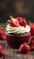 A stunning strawberry-topped chocolate cupcake adorned with fresh strawberries and whipped cream, sweet arrangements, strawberry cupcakes,