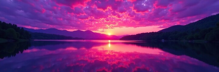 Fototapeta premium A stunning, purple-colored sunset reflects off the surface of a serene lake at dusk, reflection, sunset, colors
