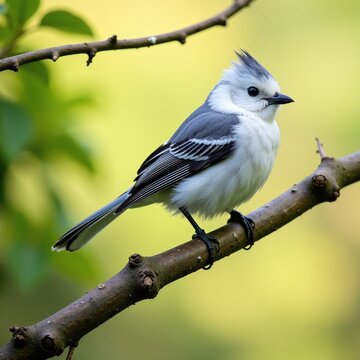 Bird perched on branch with feathers in shades of white and grey, foliage, wildlife, alpine chikadee
