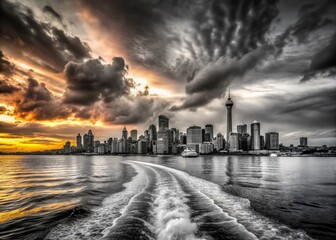 Seattle Skyline Ferry Sunset: Black and White Panoramic View of Downtown