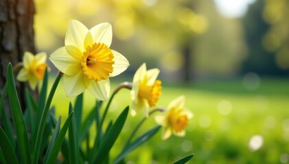 Daffodils swaying gently in the spring breeze, flower, nature, tree