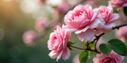 Delicate pink rose petals cascade down a tree branch, pink roses white flowers, blooming tree, nature photography