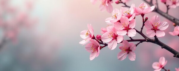 Fototapeta premium Delicate tree with blooming flowers in pastel hues, soft petals, peaceful haven