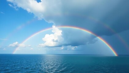 Double rainbow arching over the English Sea with puffy gray clouds and a brilliant blue sky, weather, rainbow, sky