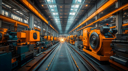 A vibrant industrial workshop filled with machinery and equipment for manufacturing processes.