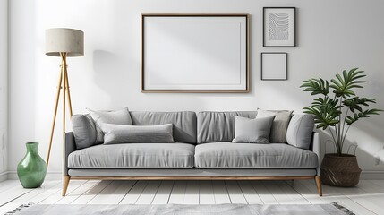 Modern living room with stylish gray sofa and decorative elements