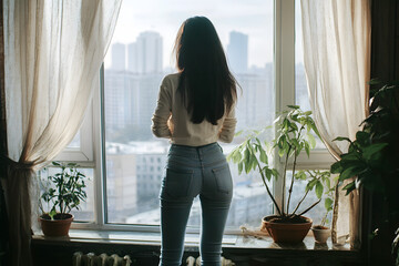 Serene Woman Gazing Out a Window Surrounded by Houseplants in Urban Apartment