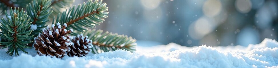 Fototapeta premium frosted pinecones on bare tree branches with snow-covered ground, festive, evergreen, snow