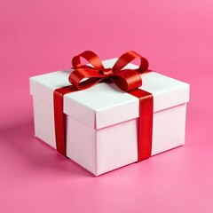 Fototapeta premium Gift box wrapped in white paper with red ribbon on pink background, holiday, decoration