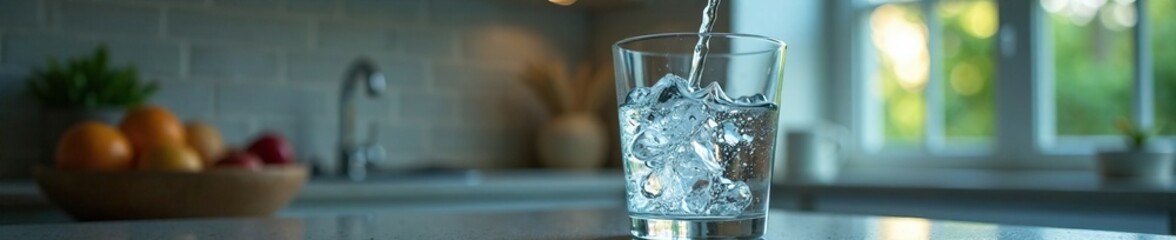 Glass is filled with fresh water from the tap, purity, contemporary, clean