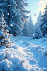 Icy winter scene with snowflakes falling gently from the sky, frosty morning, frosty landscape, serene background