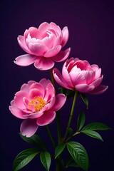 Isolated pink peonies on a dark background with purple shadows, pink, foliage, purple