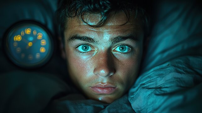 Person lying in bed with wide open eyes, unable to sleep as clock shows late night hours. Insomnia and restlessness concept for mental health awareness.