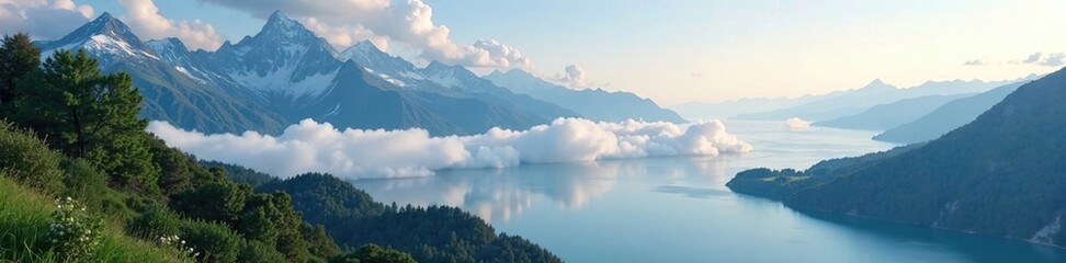 Obraz premium Misty peaks with floating clouds and a serene lake in the distance, natural, scenery