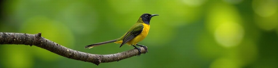 Fototapeta premium Olive backed sunbird perched on a large branch, with its long tail feathers extended, bird behavior, plumage, avian details