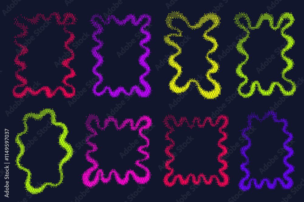 Poster pixel pattern texture wavy frame. bitmap dotted retro abstract y2k border. neon grainy glitch shapes