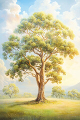 Fototapeta premium Tree standing, A photorealistic image of a eucalyptus tree, showcasing intricate details and natural beauty, suitable for various creative projects.