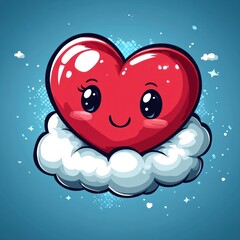 Happy cartoon heart floats on a fluffy cloud