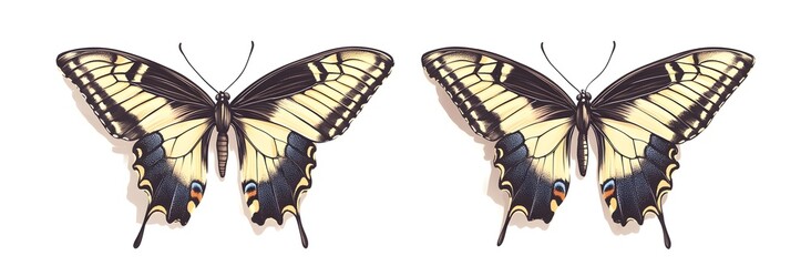 Two realistic color illustrations of a beautiful butterfly with black and yellow striped wings, in side view, on a white background. 
