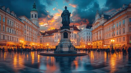 Sunset over a European city square with statue and fountain.