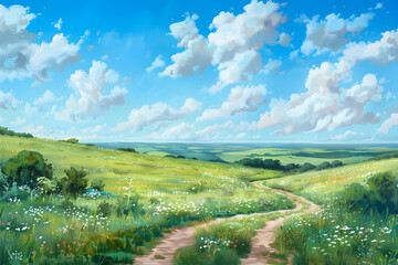 Tranquil Meadow Path Amid Lush Greenery and Clear Blue Sky, Perfect for a Peaceful Stroll