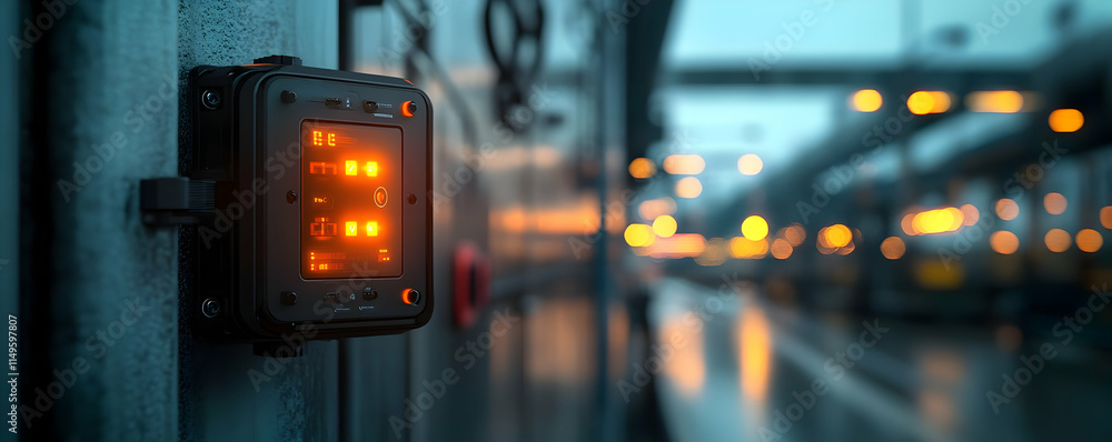 Poster an illuminated control panel in an industrial setting with blurred background lights.