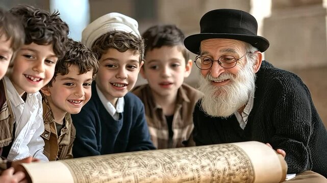 Rabbi teaching children about the Maccabees story with menorah and scroll, illustrating Jewish tradition, Hanukkah education, cultural heritage, religious learning and storytelling