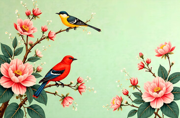 Beautiful chinoiserie wallpaper with flowers and birds on a light green background, abstract pink and flowers and buds, fantastic birds with bright plumage, wall decoration