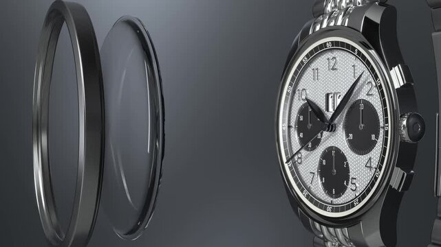 Chronograph watch is gradually assembled from the main watch parts on a gray background. 3d animation