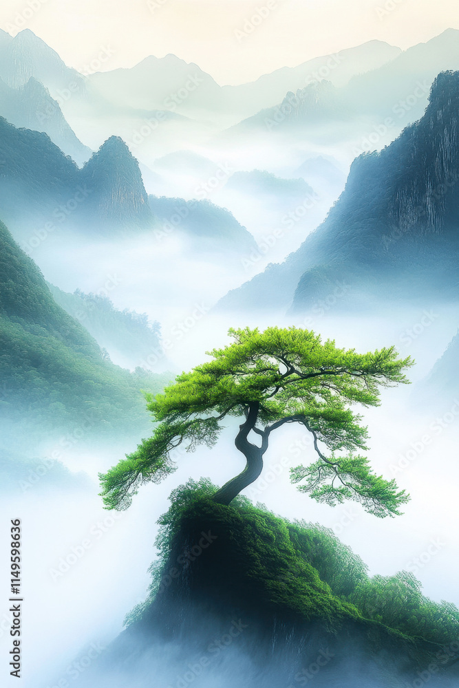 Poster tree standing, a realistic image of a cedar tree captured in a natural setting, showcasing its uniqu